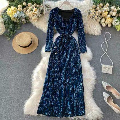 Sequin Dress, V-neck, Long Sleeves Party Dress, ,..