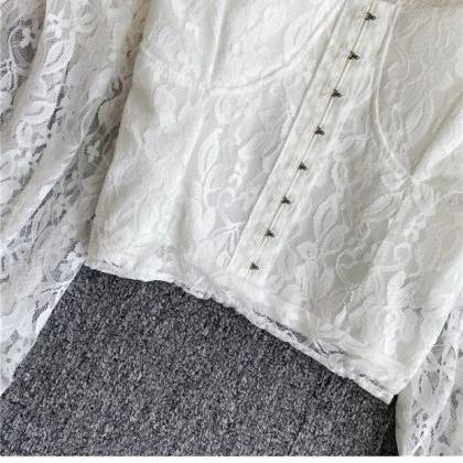Bubble Sleeve, Sweet, Square Collar Lace Shirt,..