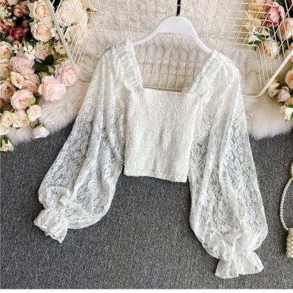 Bubble Sleeve, Sweet, Square Collar Lace Shirt,..