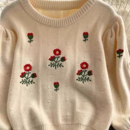 Pullover Knit Sweater, Flower Embroidery, Lantern..
