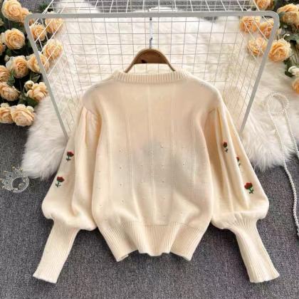 Pullover Knit Sweater, Flower Embroidery, Lantern..