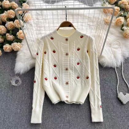 Strawberry Embroidered Short Sweater, Loose, Lazy..