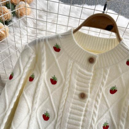 Strawberry Embroidered Short Sweater, Loose, Lazy..