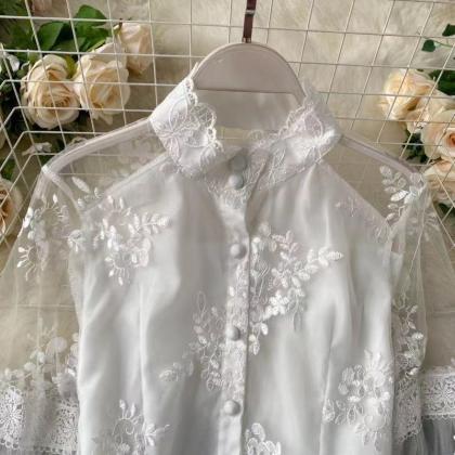 Mesh lace blouse, embroidered lace,..