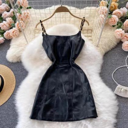 Chic, Stylish Black Dress,pu Leather Halter Dress