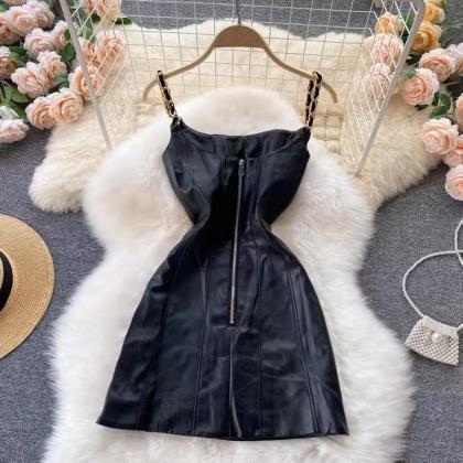 Chic, Stylish Black Dress,pu Leather Halter Dress