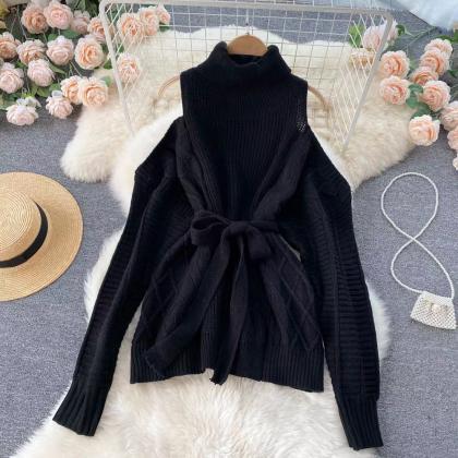 Chic, High Collar, Off Shoulder, Long Sleeve Knit..