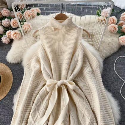 Chic, High Collar, Off Shoulder, Long Sleeve Knit..