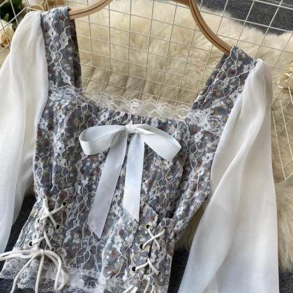 Fresh, Sweet Lace Top, Lace Square Collar Tie Slim..