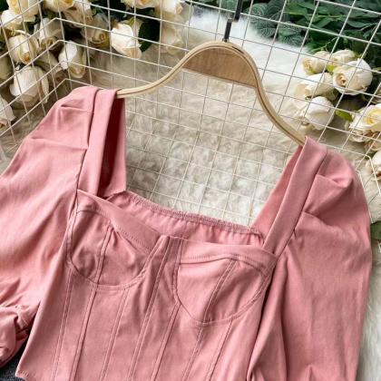 Pleated Long-sleeve Blouse, Off Shoulder Crop Top