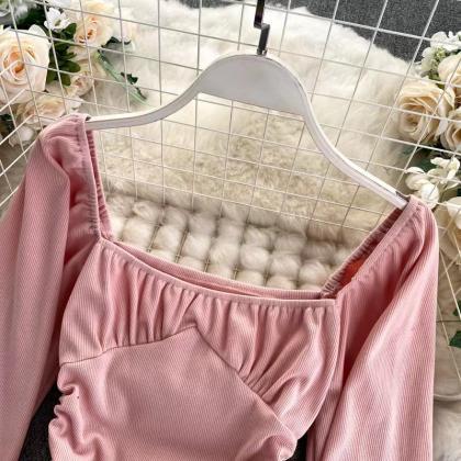 Collarbone Square Collar Top ,long Sleeve T -..