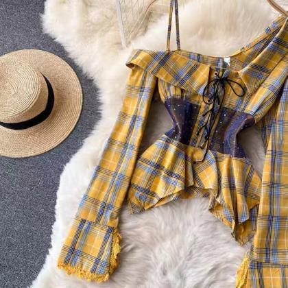 Bubble Sleeve, Fashion Top, Off-the-shoulder Plaid..