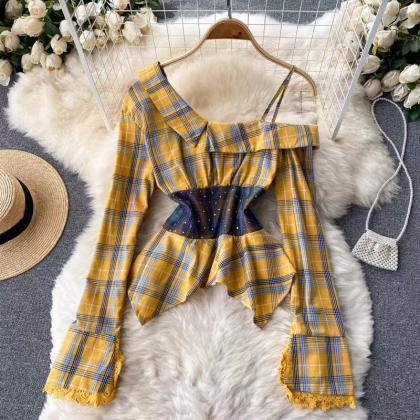 Bubble Sleeve, Fashion Top, Off-the-shoulder Plaid..