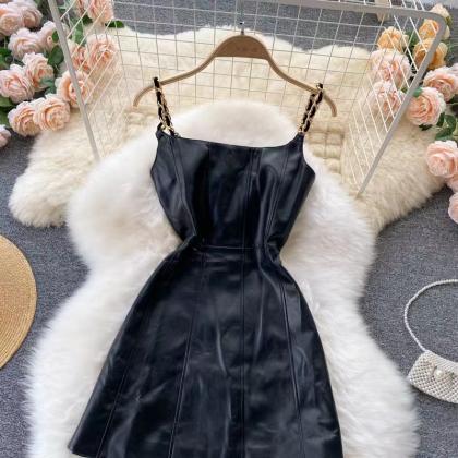 Design Sense Chain Strap Leather Dress,..