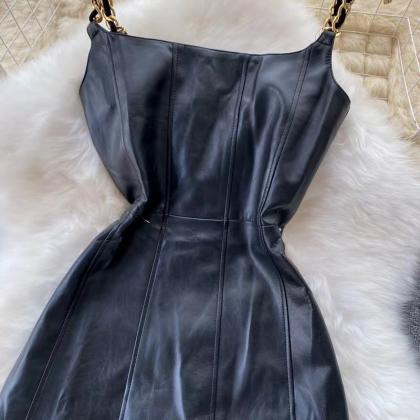 Design Sense Chain Strap Leather Dress,..