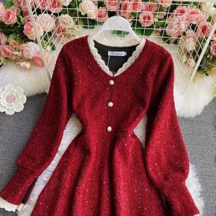 Red Lace V Collar Dress, Autumn And Winter,..