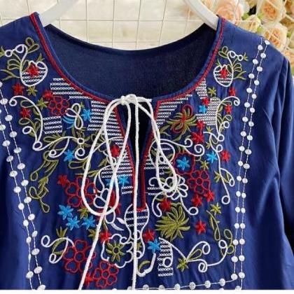 Holiday, Vintage, Ethnic Style, Embroidery, V-neck..