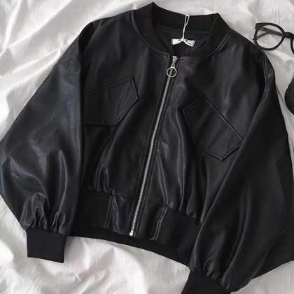 Pu Leather Short Jacket, Motorcycle Suit, Loose..