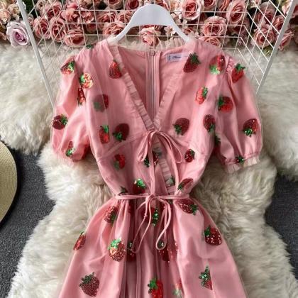 Pink, Fairy, Bubble Sleeves Dress, Deep V..