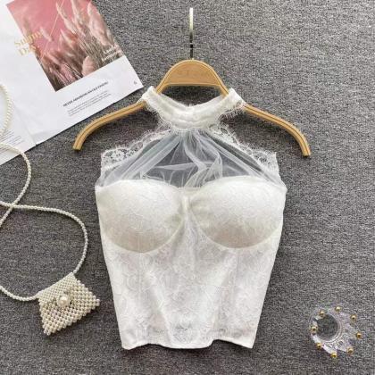 See-through Tulle Halter Neck Top, Lace Bottom..