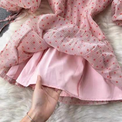 Polka Dot Halter Dress, Vacation Cute Pink Little..