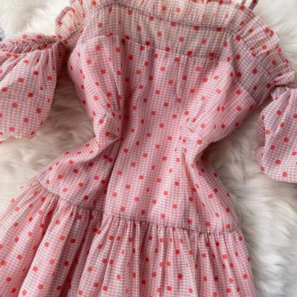 Polka Dot Halter Dress, Vacation Cute Pink Little..