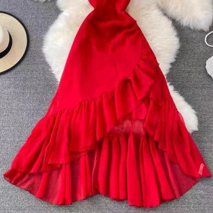 Fairy Spaghetti Strap Dress ,red Dress, V-neck..