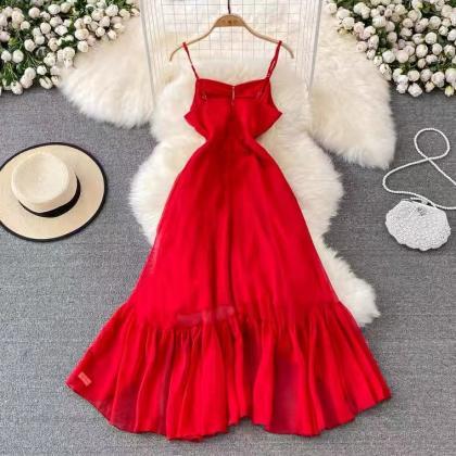 Fairy Spaghetti Strap Dress ,red Dress, V-neck..