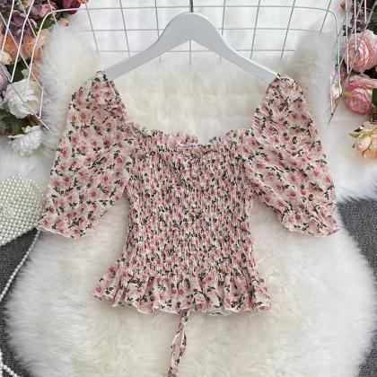 Floral Chiffon Top, Summer, Bubble Sleeve, Square..