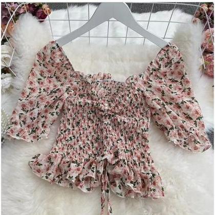 Floral Chiffon Top, Summer, Bubble Sleeve, Square..