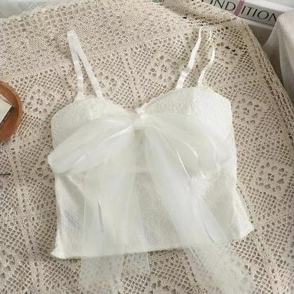 Lace Bow Tank Top,, Pleated, Slim Lace Halter Top,..