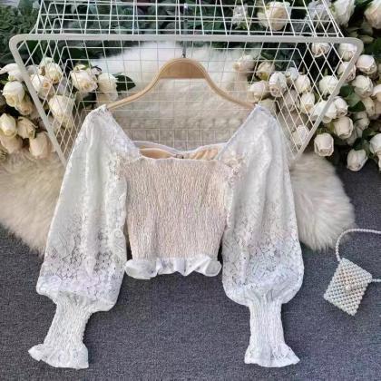 Bubble Sleeve, Lace Bottom Top Sweet Bow, Slim..