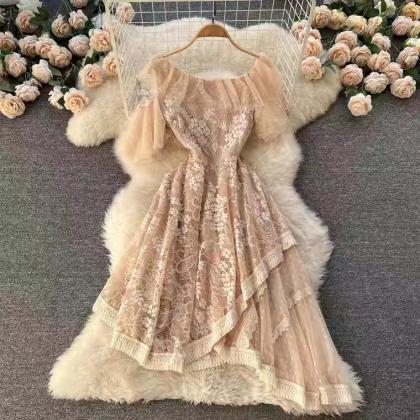 Irregular Hollow Lace Stitching Tulle Dress, Round..
