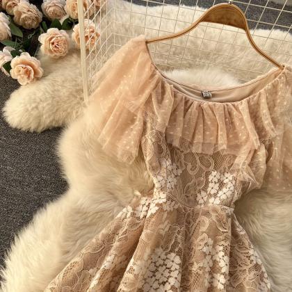 Irregular Hollow Lace Stitching Tulle Dress, Round..