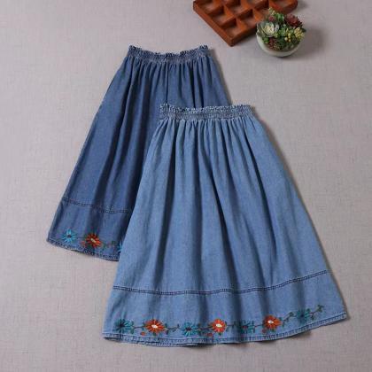 Embroidered Hem Jean Skirt, Spring/autumn Style,..