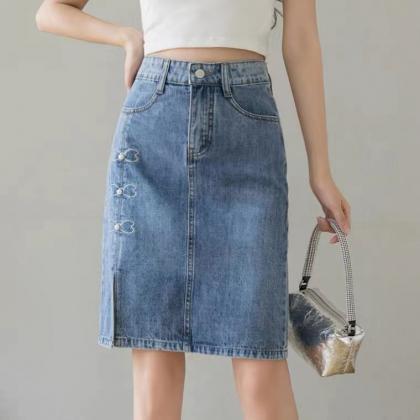 Cute Denim Skirt Slit Mid Length Skirt, High Waist..