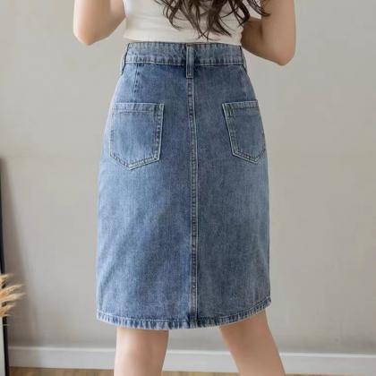 Cute Denim Skirt Slit Mid Length Skirt, High Waist..