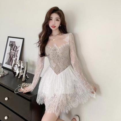 Cute Lace Dress, Long Sleeves, Square Collar,waist..
