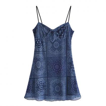 Charming, Sexy V-neck Blue Dress, Mesh Printed..