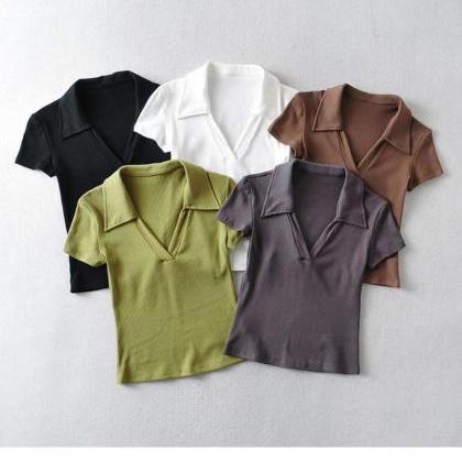 Slim Tight Polo Collar Short Sleeve T-shirt, Solid..
