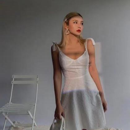 Fairy White Embroidered Halter Dress, Retro Summer..