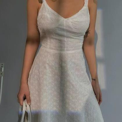 Fairy White Embroidered Halter Dress, Retro Summer..