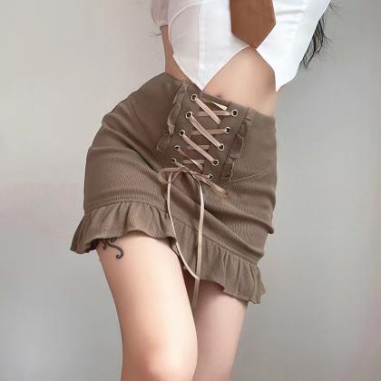 Tight Stitching, Strappy, Brown Flounces Hip Wrap..