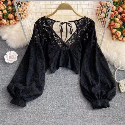Elegant, Classy, V-neck Hollowed-out Lace Lace..