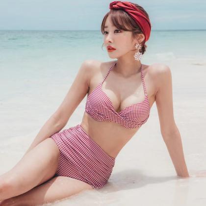 Beach Bikinis, Small Boobs Gathered, Thickened, High-waisted, Two-piece
