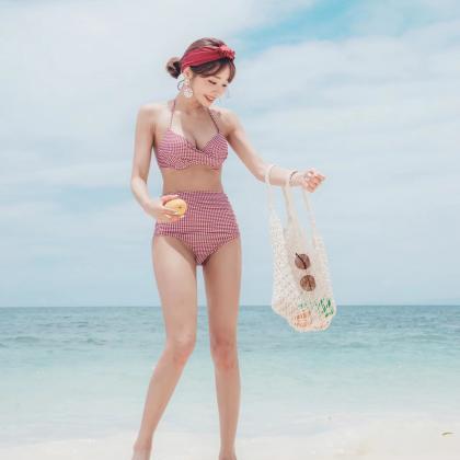 Beach Bikinis, Small Boobs Gathered, Thickened, High-waisted, Two-piece