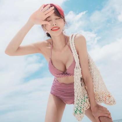 Beach Bikinis, Small Boobs Gathered, Thickened, High-waisted, Two-piece