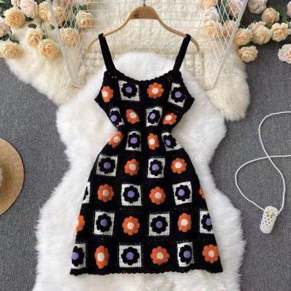 Fashion, Floral Hollowed-out Knit Halter Dress,..