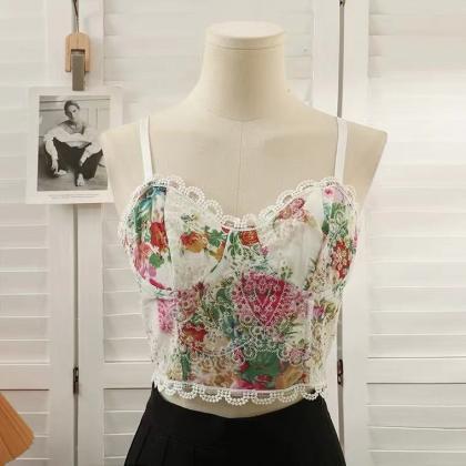 Vintage, Embroidered Top, Hollow Lace,spaghetti..
