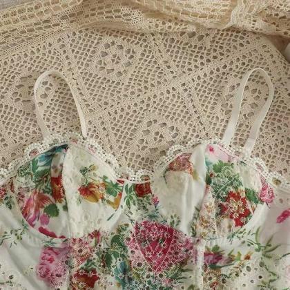 Vintage, Embroidered Top, Hollow Lace,spaghetti..